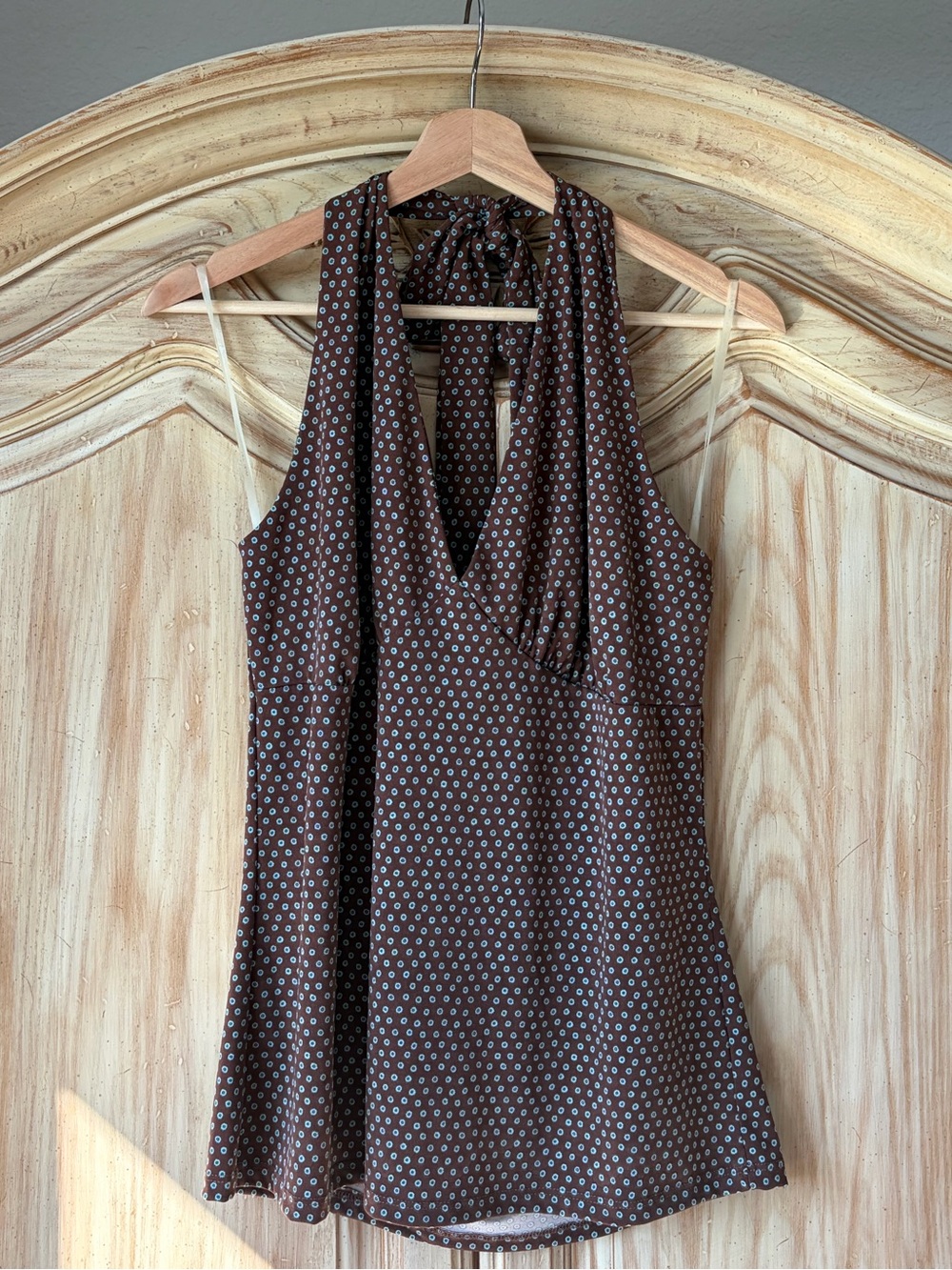 Mai Tai Brown & Blue Dot Halter Tank Top Women’s Size XXL Tie Top Y2K V-Neck